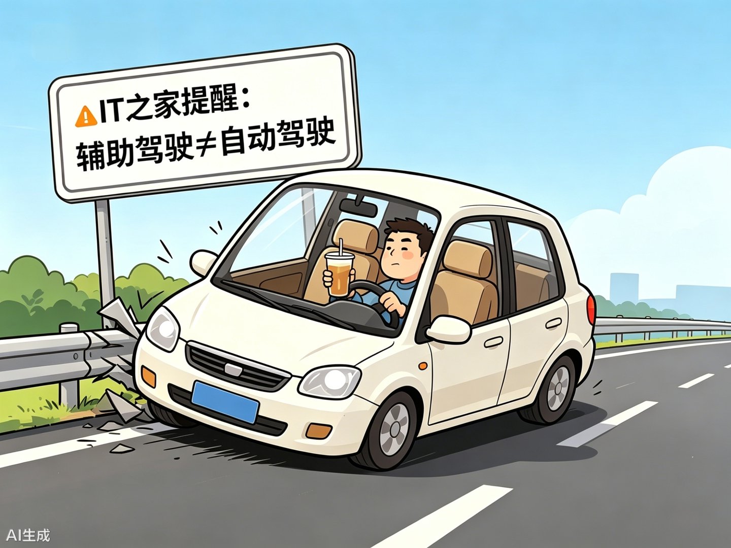 福银高速小车智驾中驾驶员转头拿饮料撞护栏