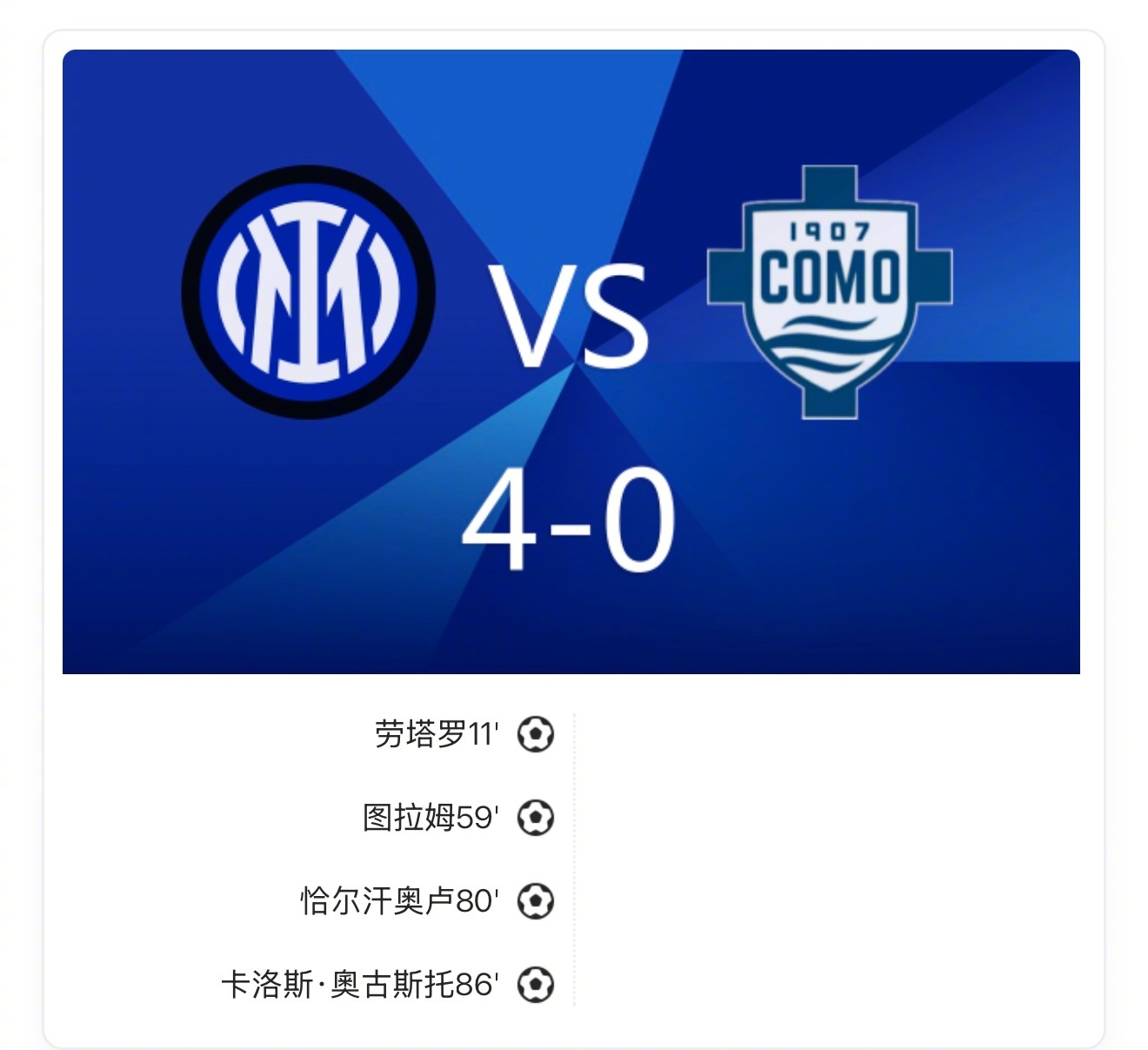 国际米兰4比0大胜科莫，劳塔罗图拉姆破门恰尔汗奥卢远射建功