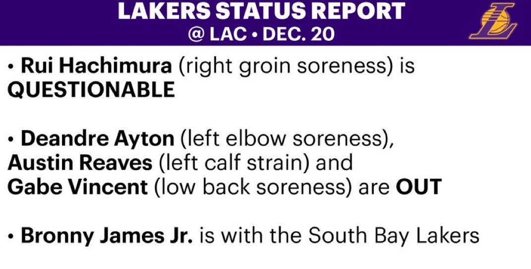 湖人伤病报告：里夫斯等三人缺阵，八村垒出战成疑，布朗尼在南湾湖人