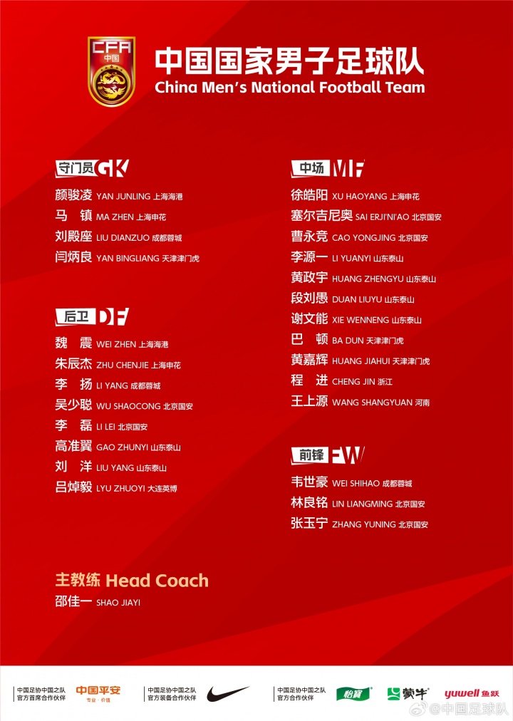 国足2026首期名单公布，邵佳一挂帅张玉宁韦世豪入选
