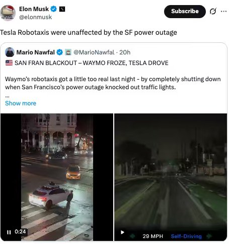 旧金山大停电致Waymo自动驾驶出租车停运，特斯拉未受影响