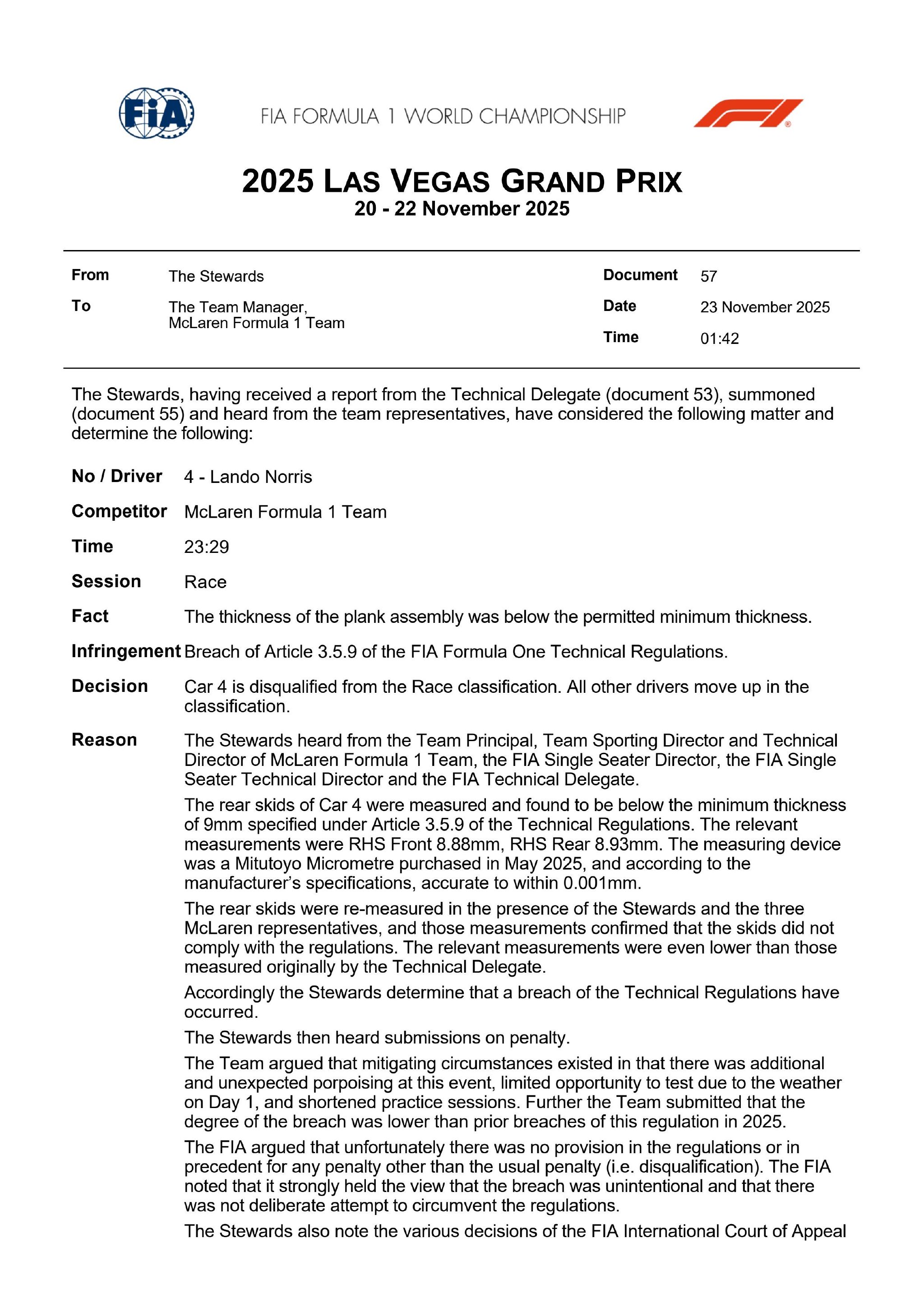 迈凯伦两车底板木板磨损超标被取消成绩