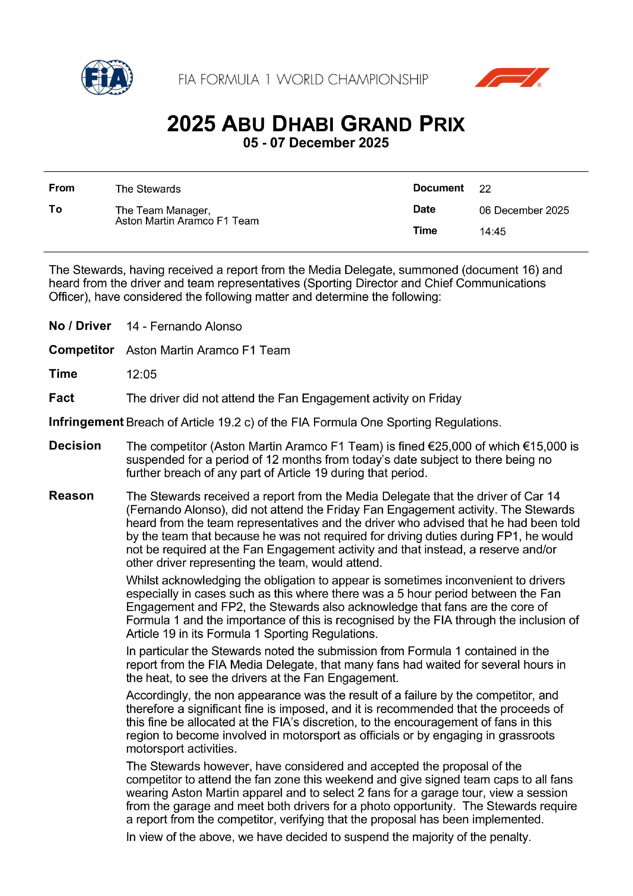阿斯顿·马丁车队因缺席车迷活动被罚5万欧元，部分缓期执行