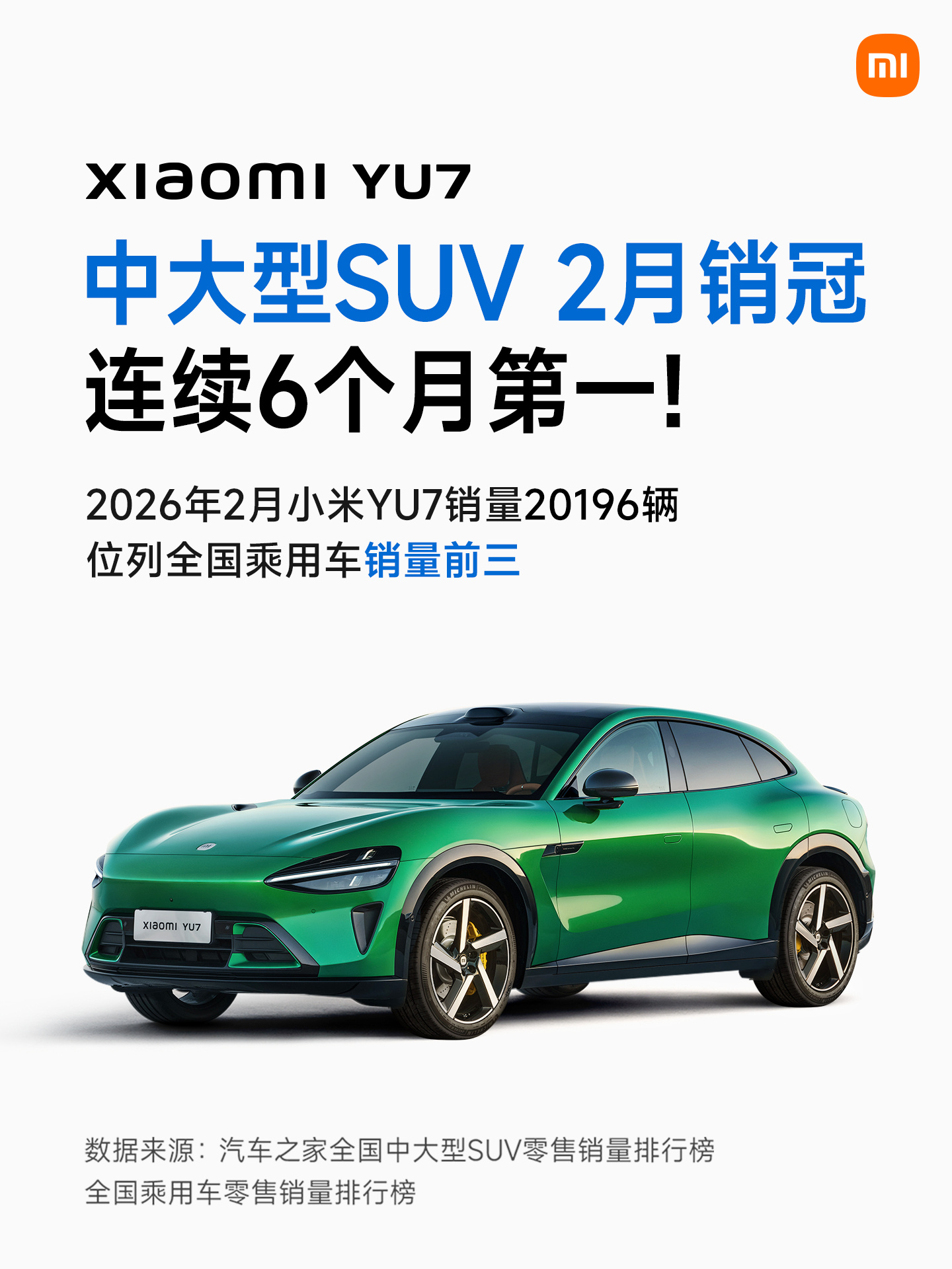小米YU7二月销量20196辆，连续6个月蝉联中大型SUV销冠