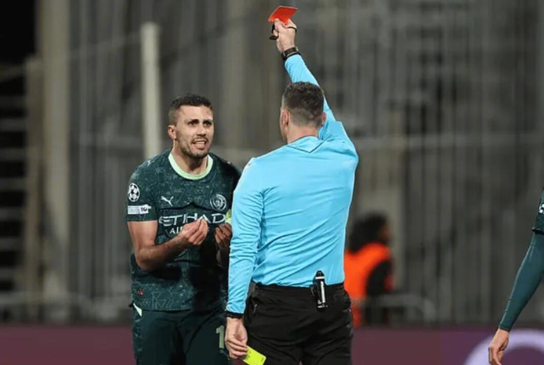 博德闪耀3比1胜曼城，罗德里53秒两黄变一红被罚下