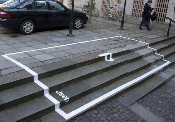 Jeep哥本哈根创意广告，把车位画在花坛台阶上