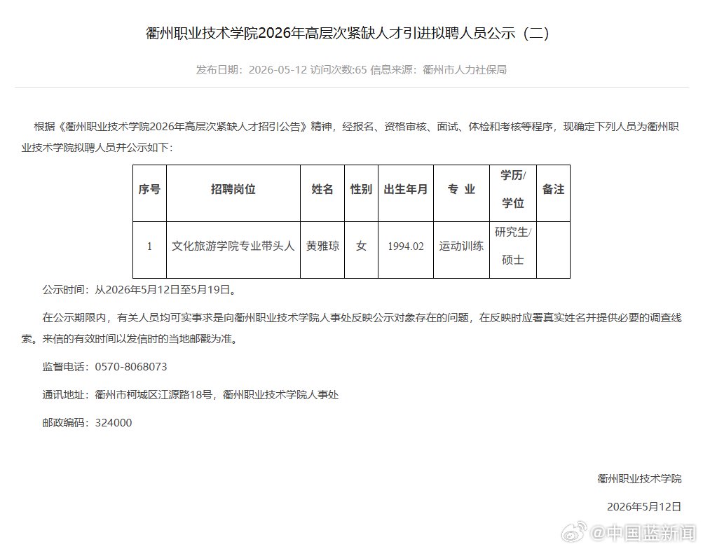 羽毛球运动员黄雅琼拟任衢州职院文化旅游学院专业带头人