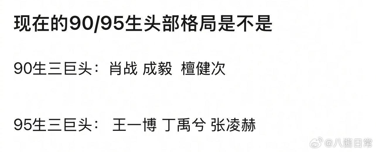 90生三巨头肖战成毅檀健次，95生三巨头王一博丁禹兮张凌赫