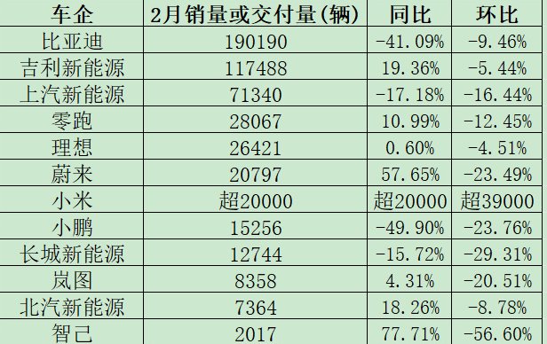 春节新政叠加致2月车企销量普降，比亚迪跌破20万辆