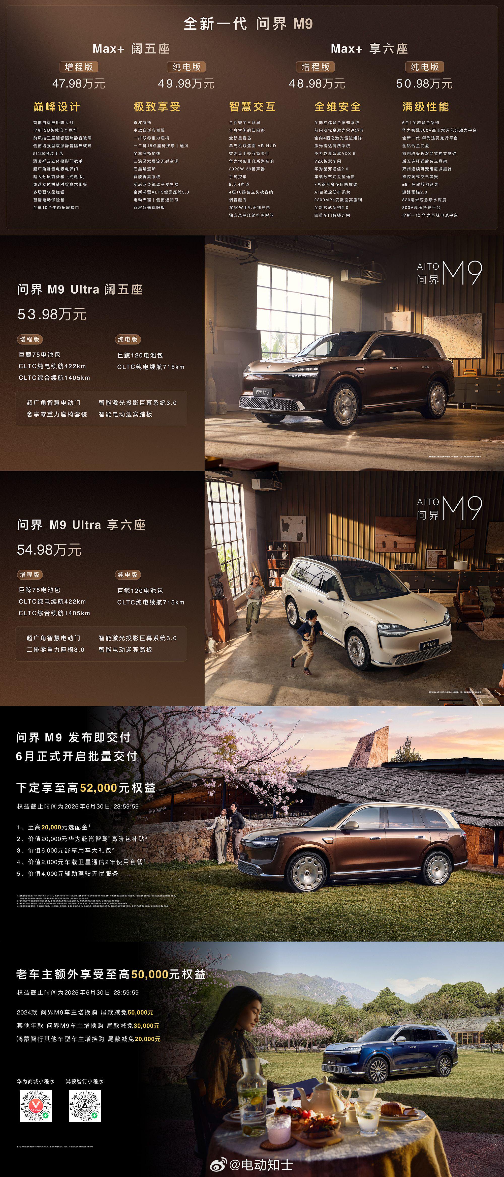 问界M9全系价格公布，增程版47.98万起