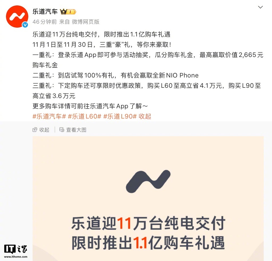 蔚来乐道汽车13天再交付11万台新车，享至高13000元购置税减免