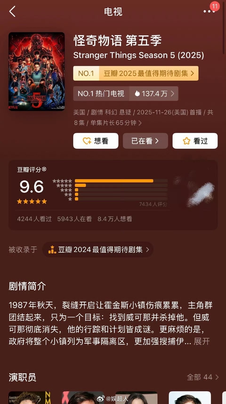 怪奇物语5豆瓣开分9.6，五星好评居多