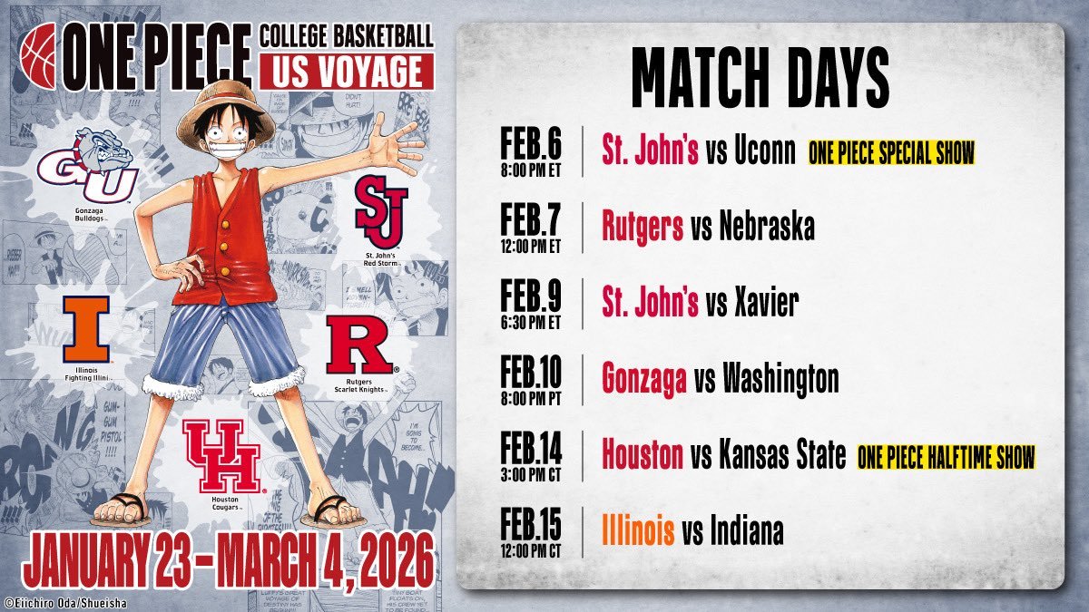 海贼王联动美国大学篮球赛巡演日程公布