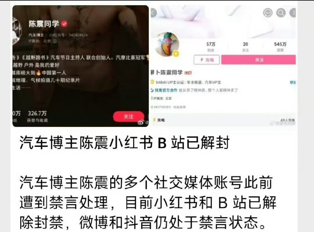陈震多平台账号解禁，微博仍处禁言状态