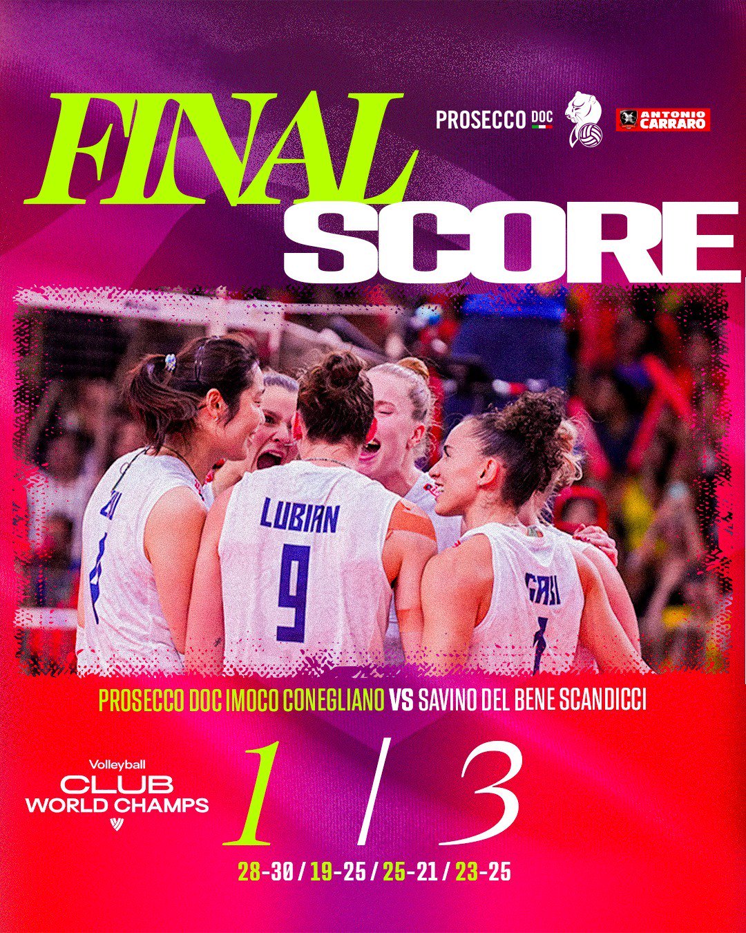 斯坎迪奇3-1胜科内利亚诺首夺世俱杯冠军，朱婷贡献13分