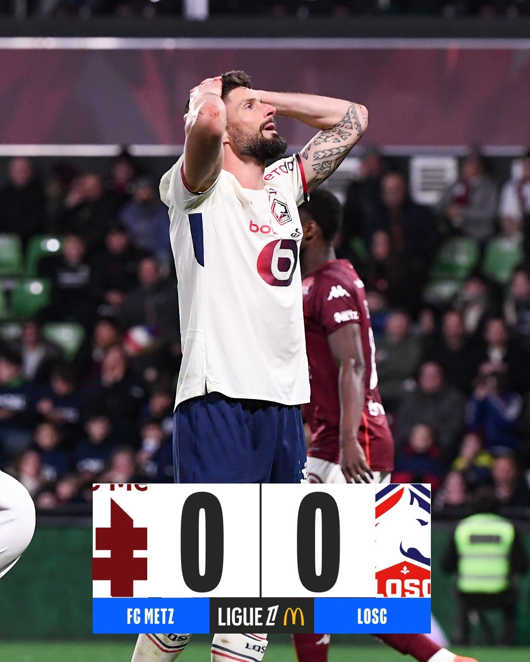 里尔客场0比0战平雷恩，吉鲁首发登场71分钟