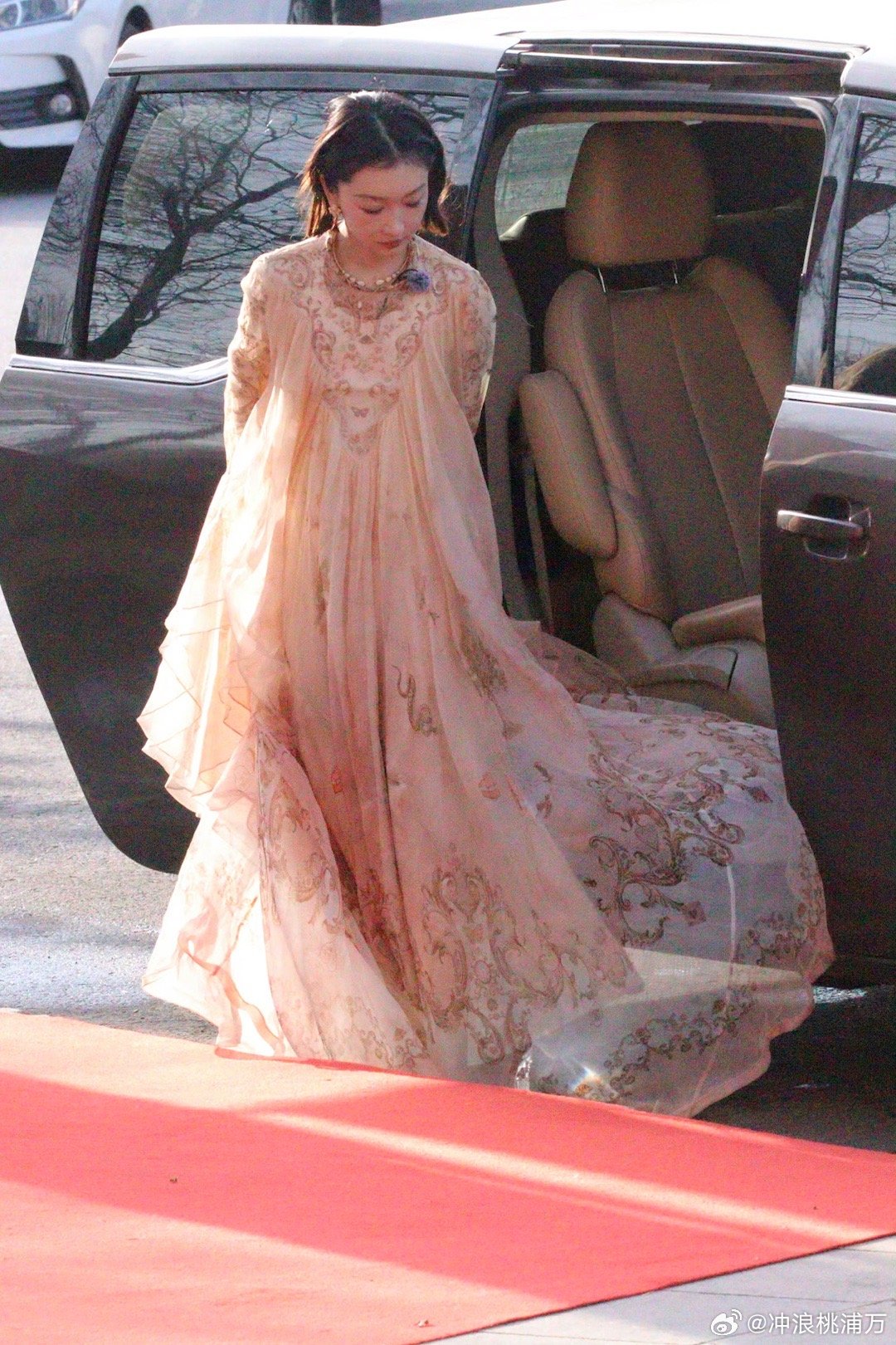 周冬雨裙摆被车门夹住，低头瞬间懵然