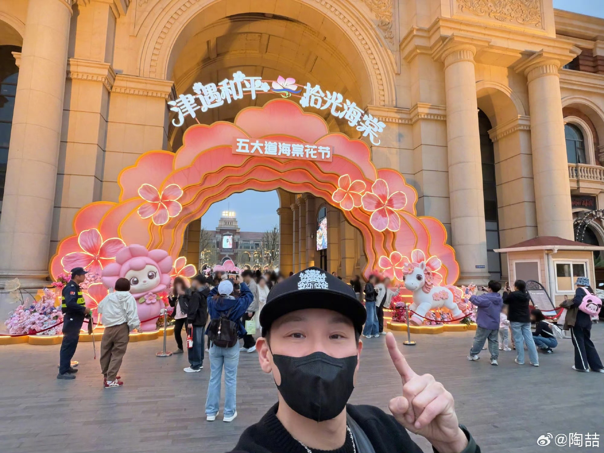 陶喆天津演唱会间隙打卡海棠花，与萌猫同框