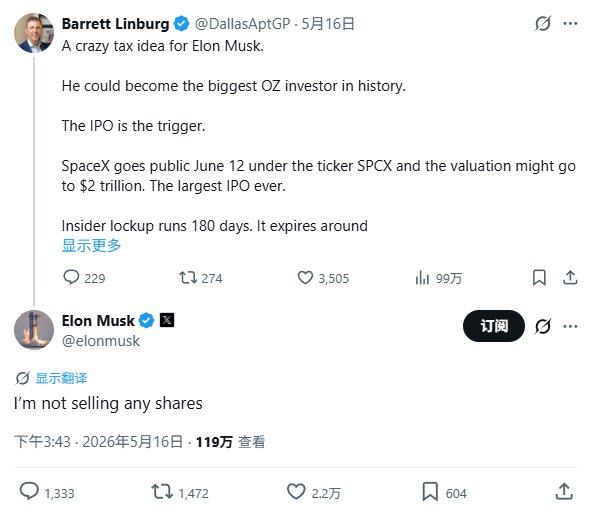 SpaceX6月12日冲刺2万亿美元IPO，马斯克承诺不售股保控制权