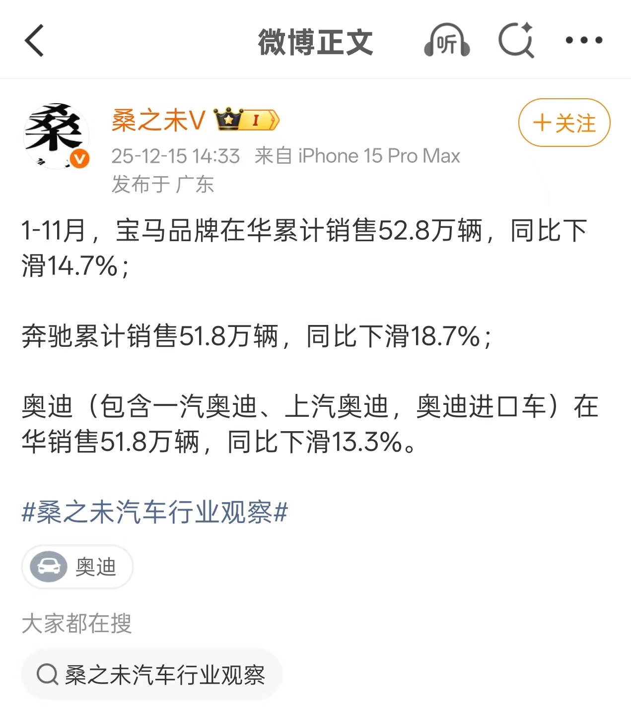 BBA在华1-11月销量齐跌，宝马奔驰奥迪均下滑超13%