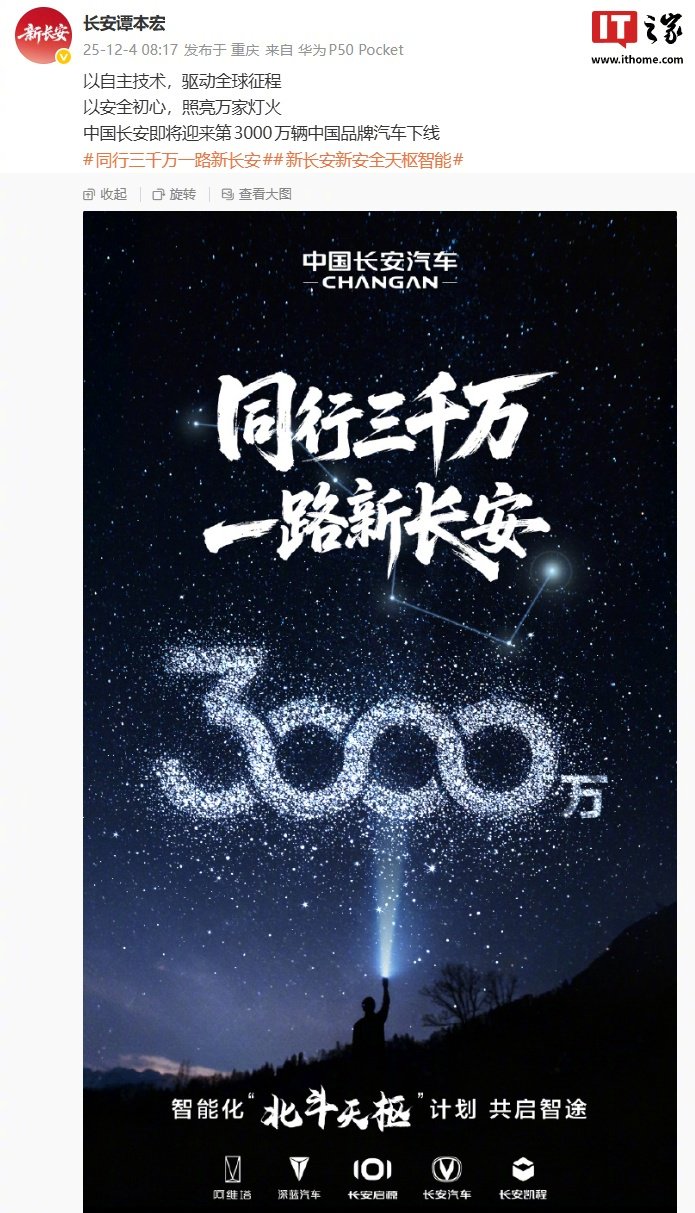 长安将迎第3000万辆中国品牌汽车下线，11月新能源销量12.5万辆