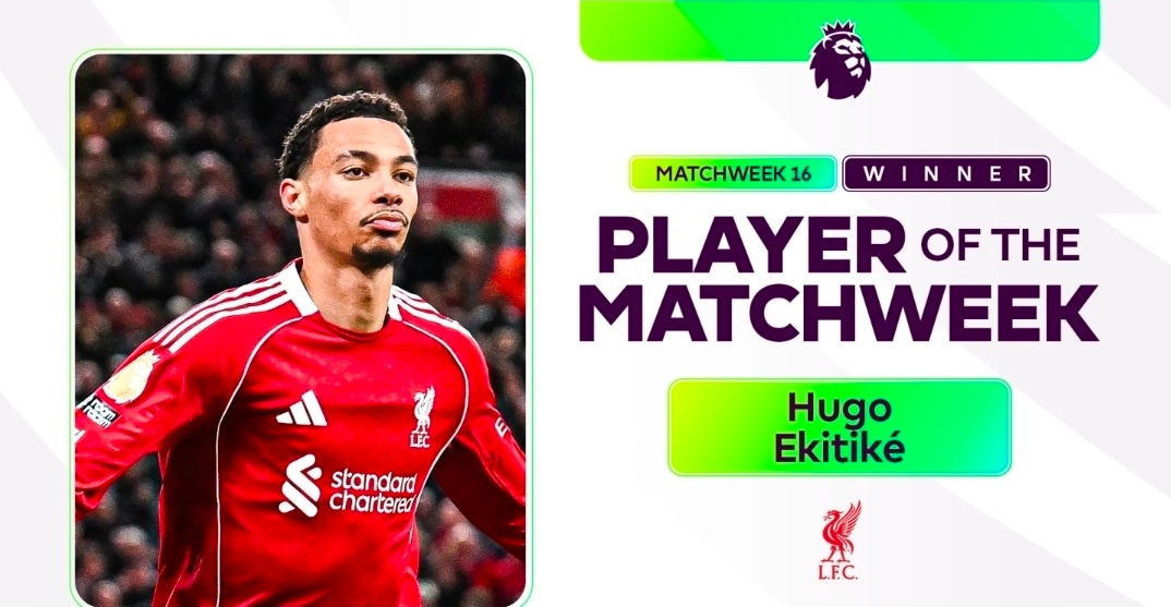 利物浦前锋埃基蒂克力压萨卡与哈兰德 当选英超第16轮最佳球员