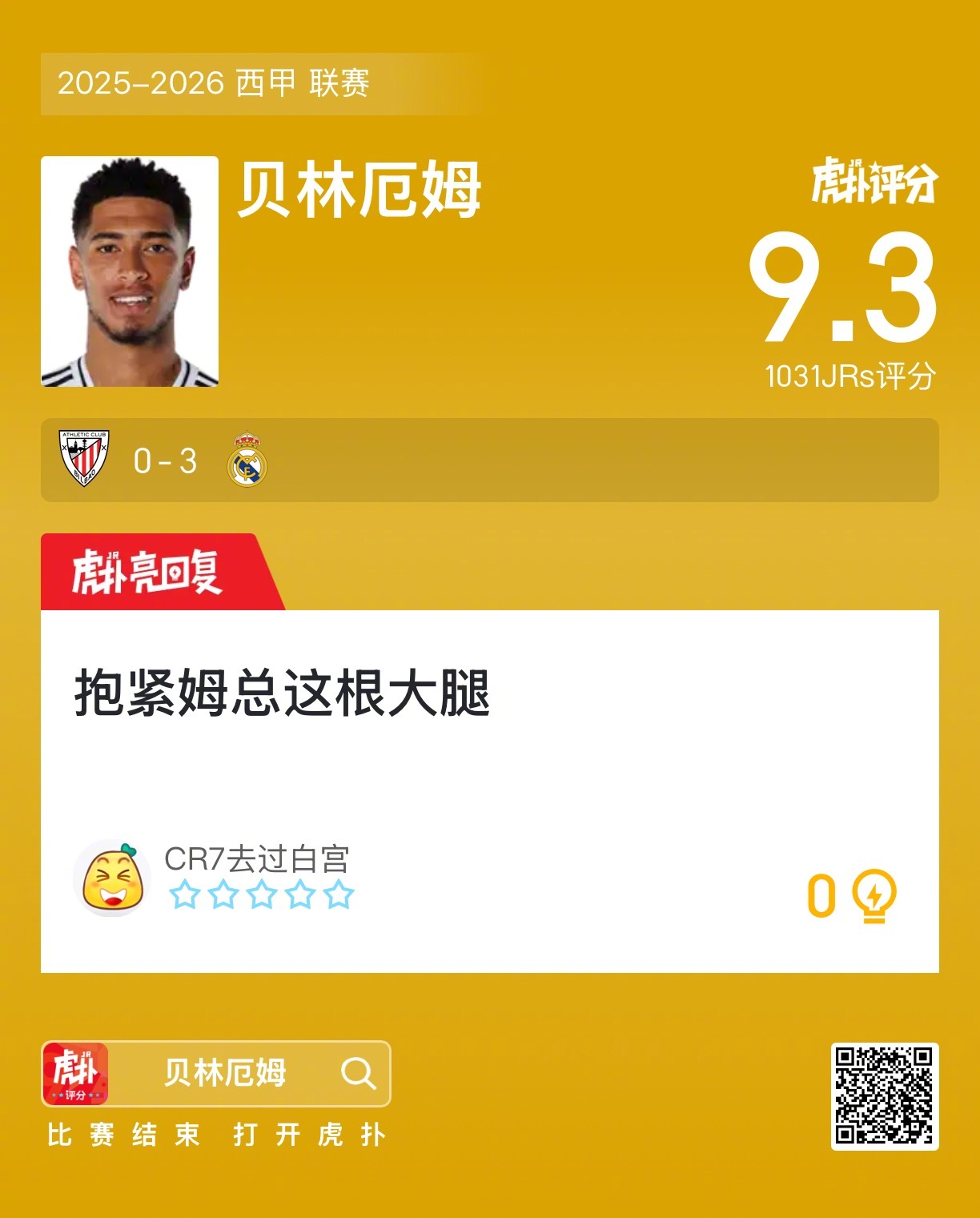 贝林厄姆9.3分助皇马3比0胜毕尔巴鄂竞技