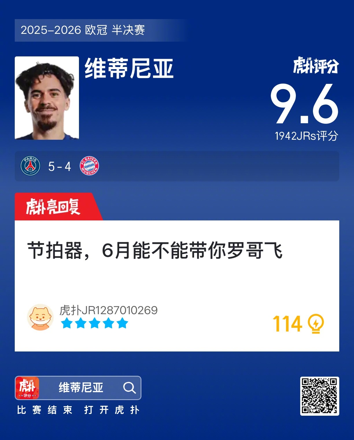 维蒂尼亚获9.6分，巴黎5比4险胜拜仁