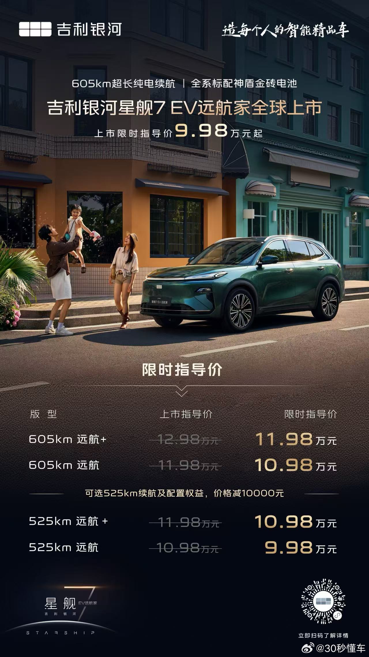 吉利银河星舰7EV上市，限时9.98万起续航最高605km