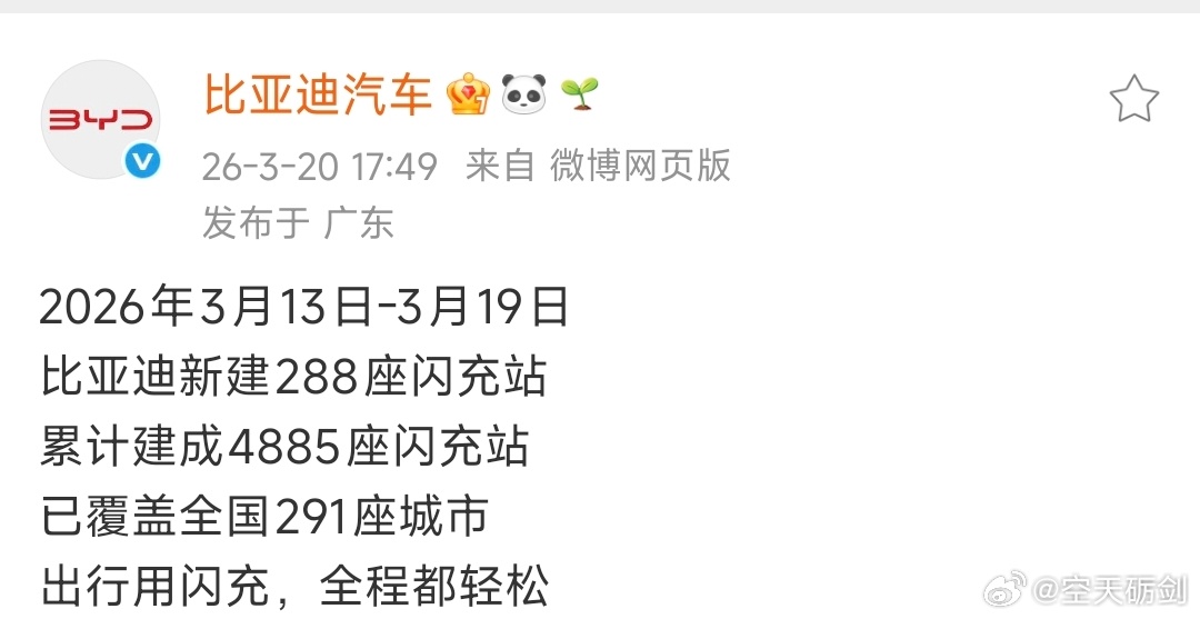 比亚迪3月新建288座闪充站累计达4885座