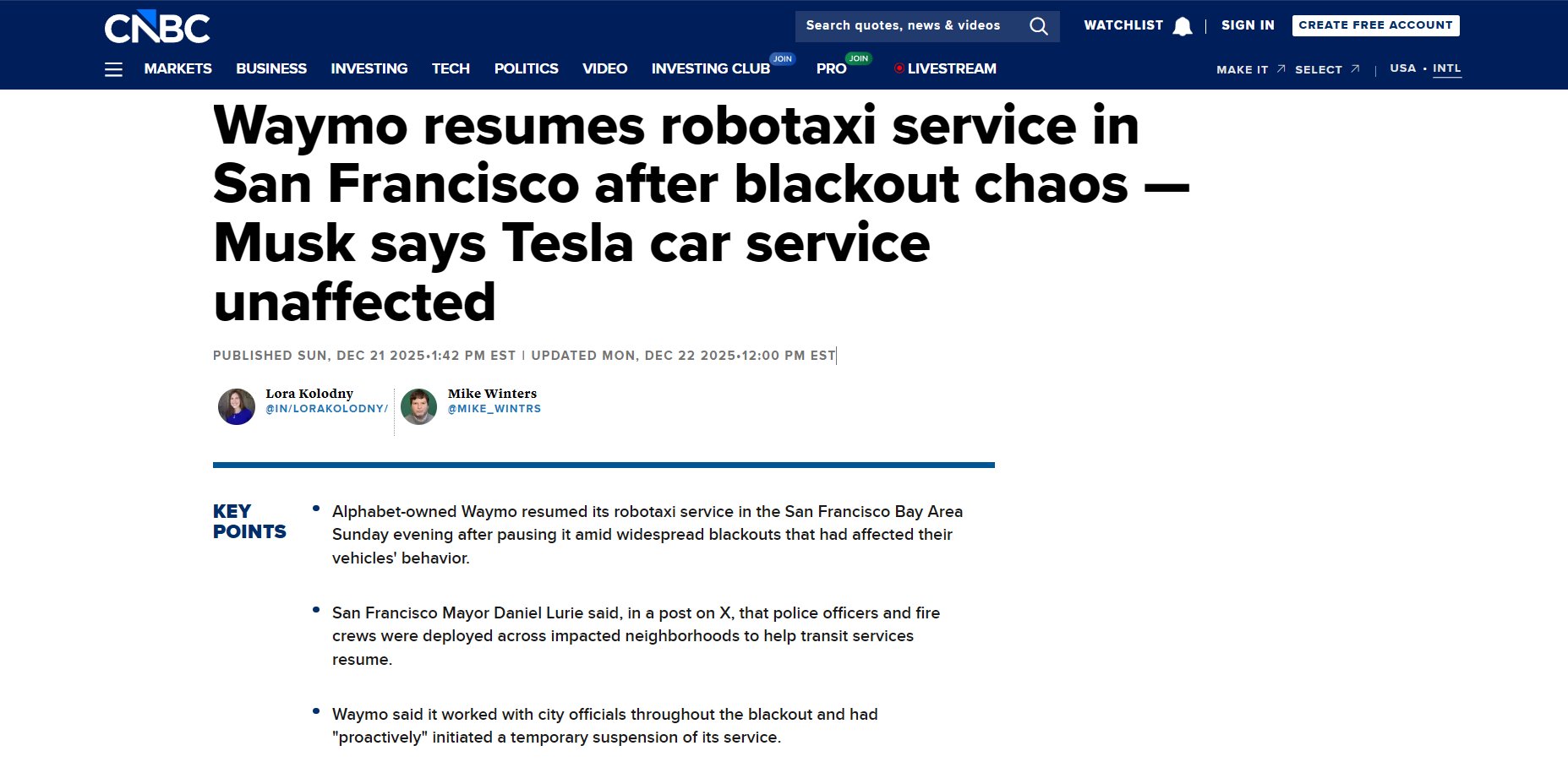 旧金山大停电致Waymo无人车停运，马斯克称特斯拉Robotaxi未受影响