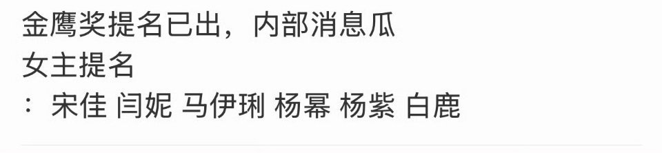 白鹿被曝提名金鹰奖最佳女主，名单竞争激烈