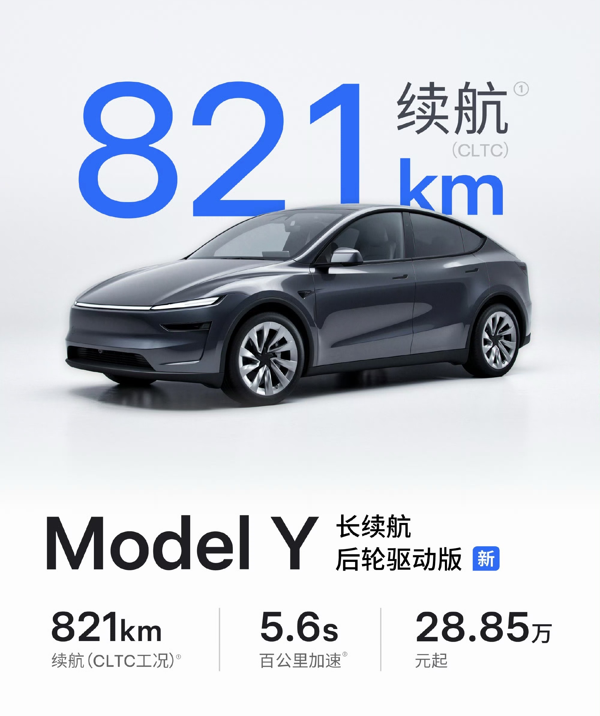 ModelY长续航后轮驱动版上市，续航821千米售价28.85万起