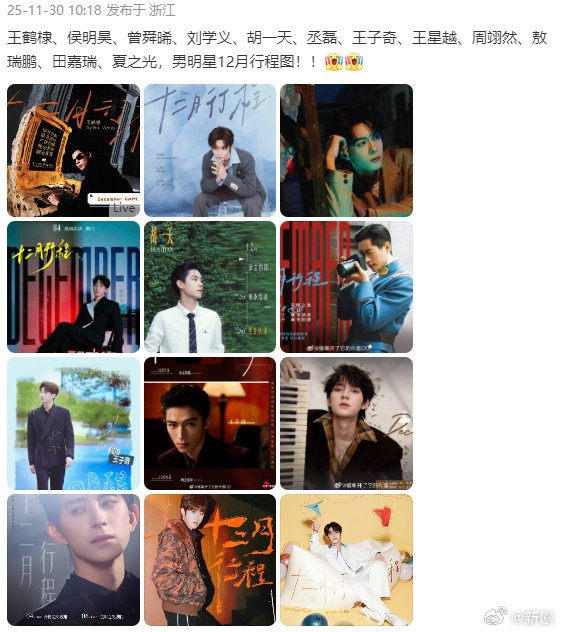 王鹤棣等12位男明星12月行程图曝光