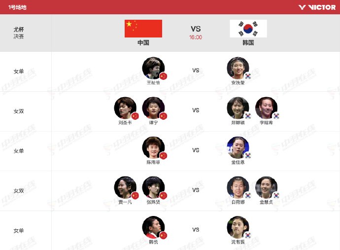 尤伯杯决赛今日16点开战，中国队迎战韩国队