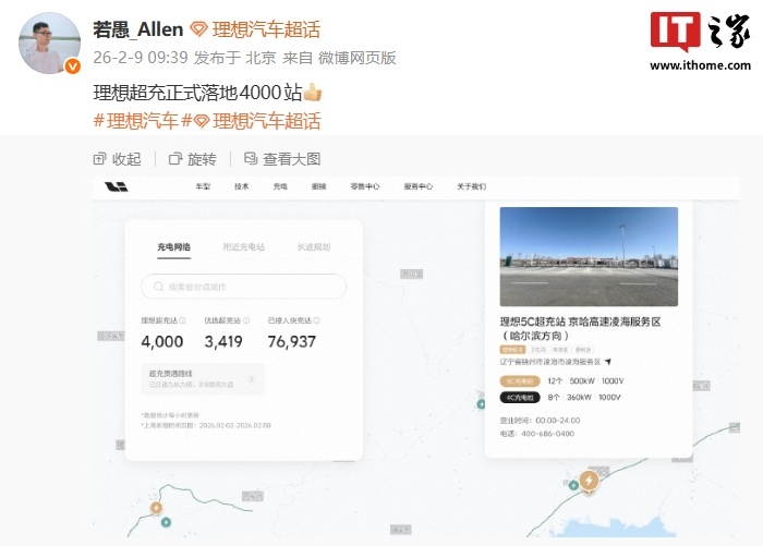 理想汽车超充站达4000站，覆盖286城18条高速