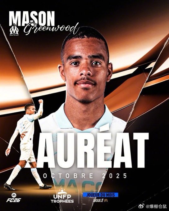 马赛前锋格林伍德当选法甲10月最佳球员