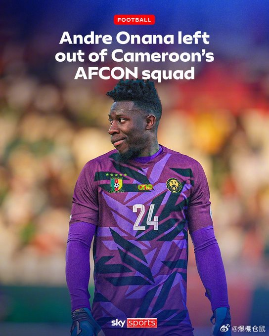 喀麦隆公布非洲杯名单，曼联门将奥纳纳落选