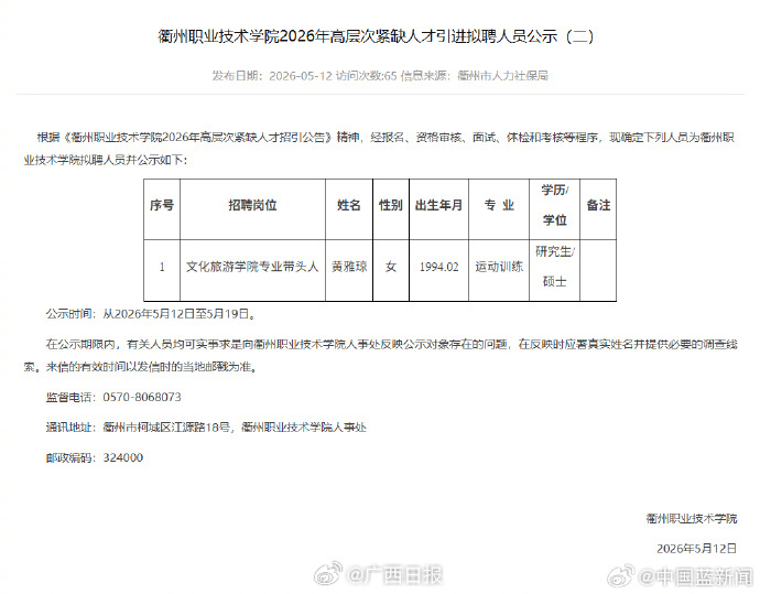 羽毛球运动员黄雅琼拟任衢州职院专业带头人