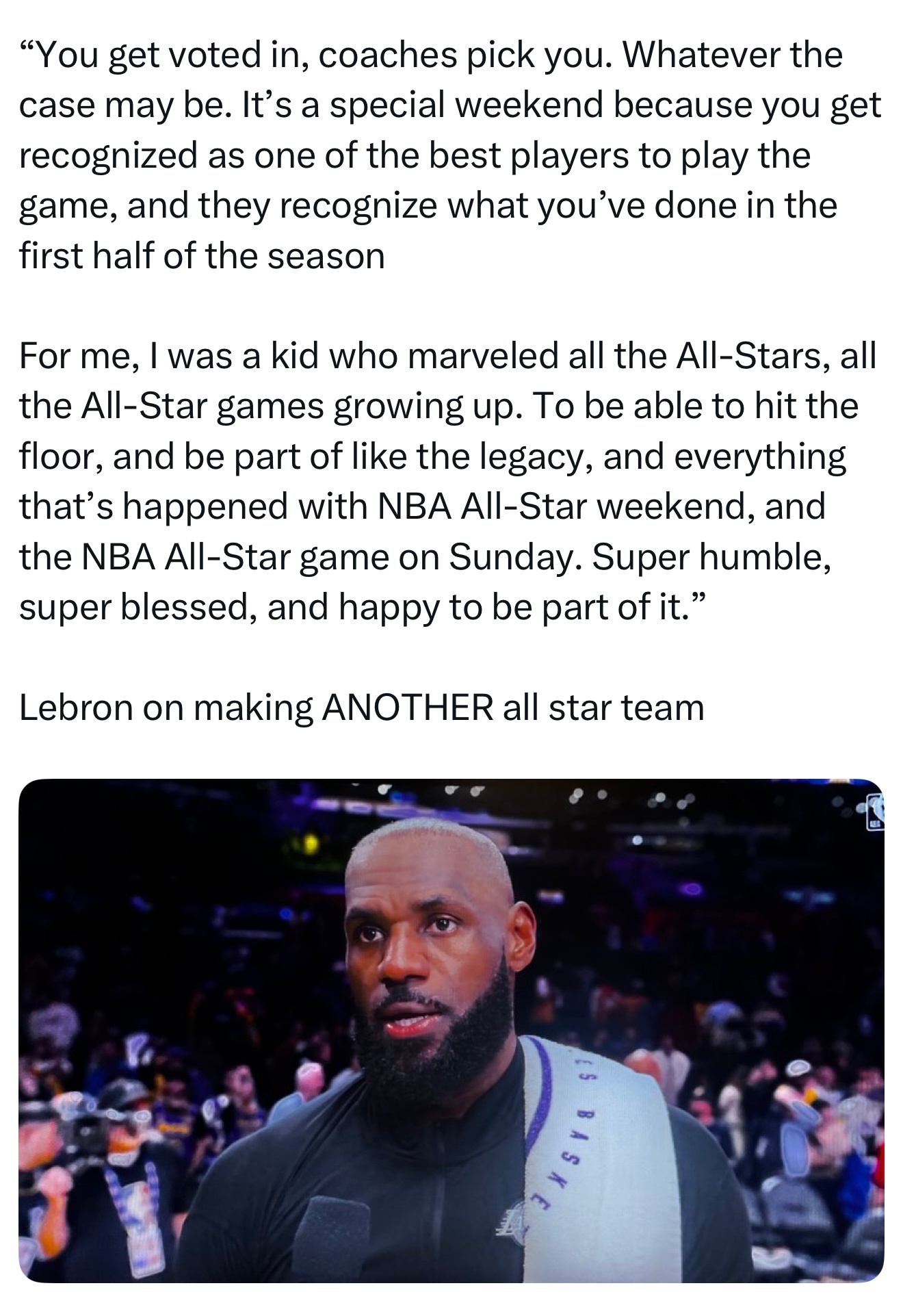 詹姆斯谈入选全明星：被认可为最出色球员之一深感谦卑感恩