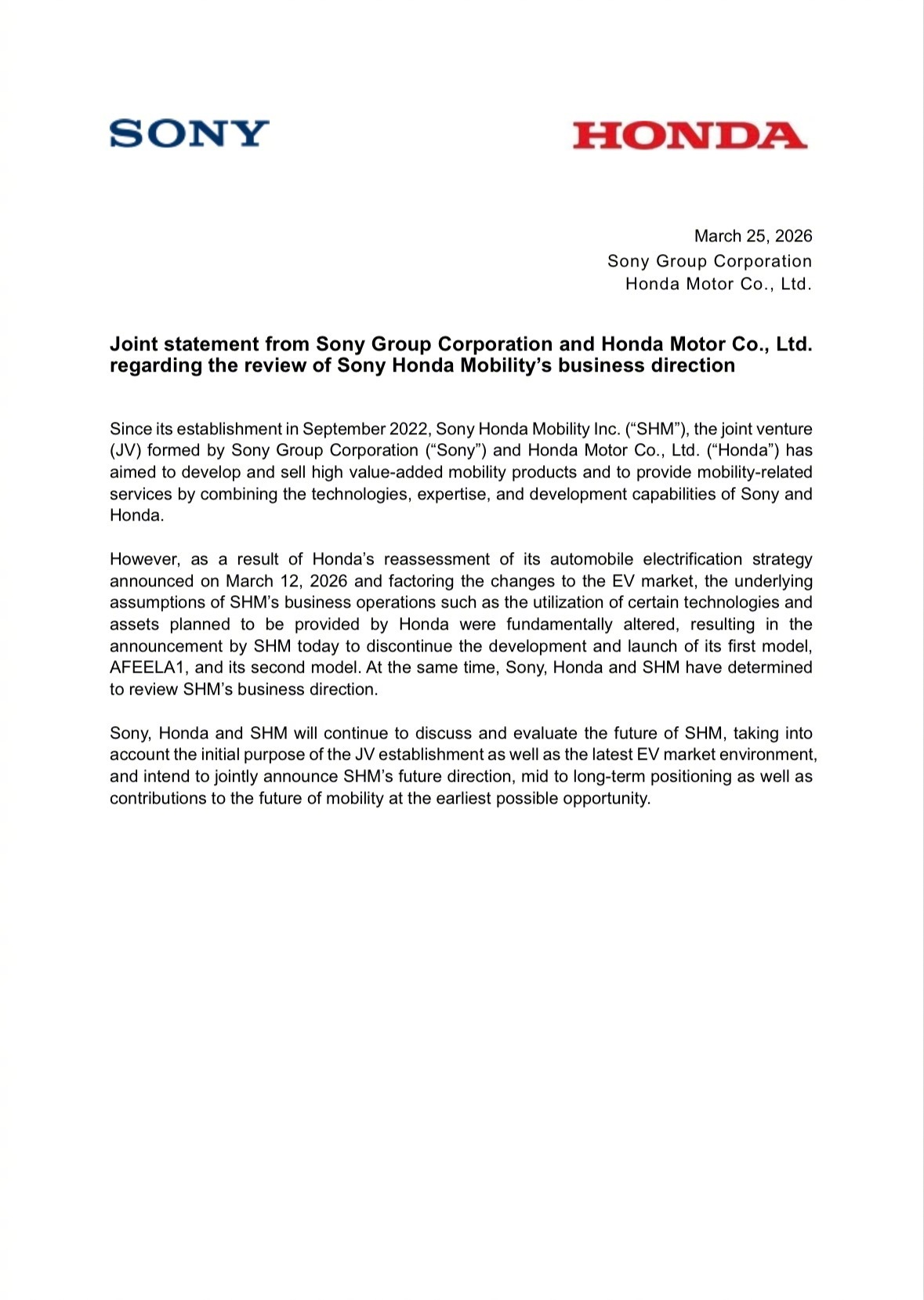 本田索尼宣布终止合作造车计划