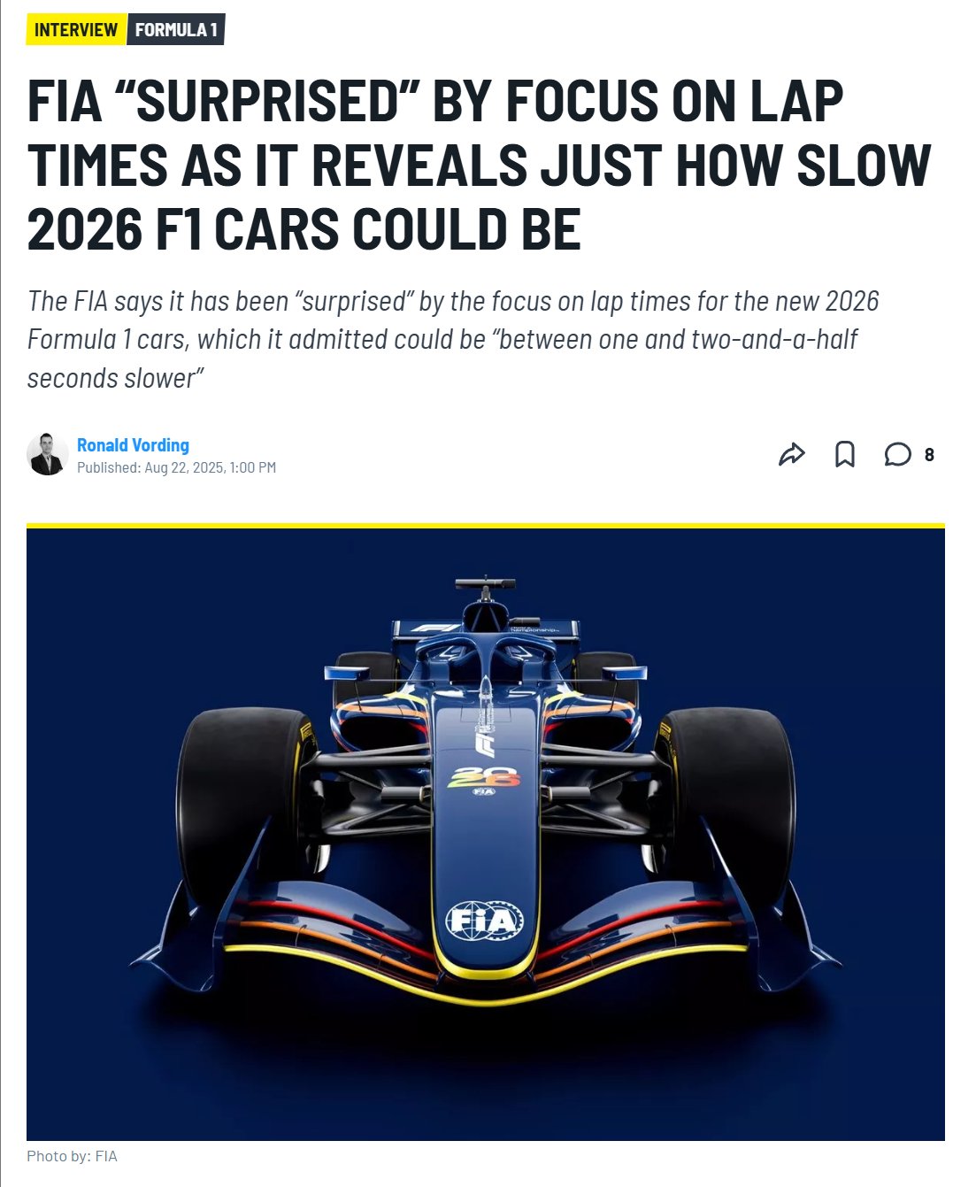 2026赛季F1新车圈速将慢1-2.5秒，直道更快弯道更慢