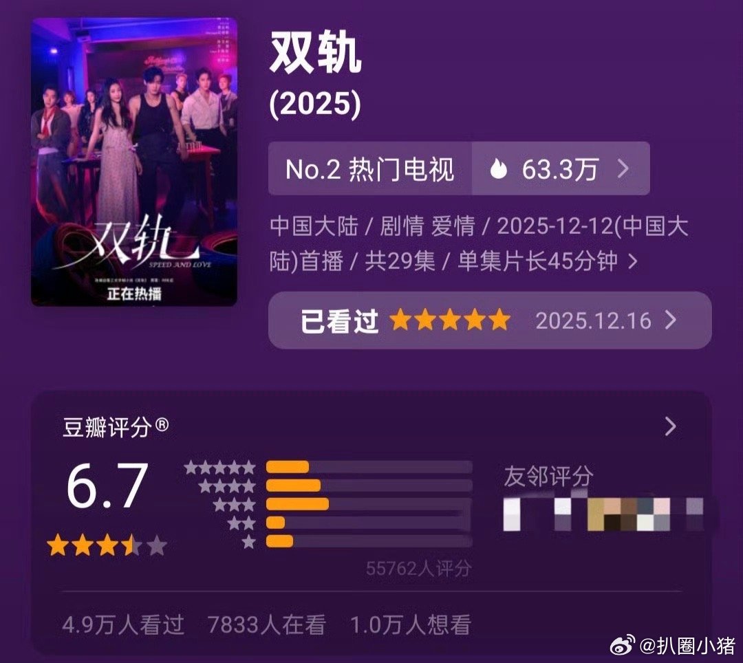 虞书欣何与《双轨》豆瓣开分6.7，5万人评分