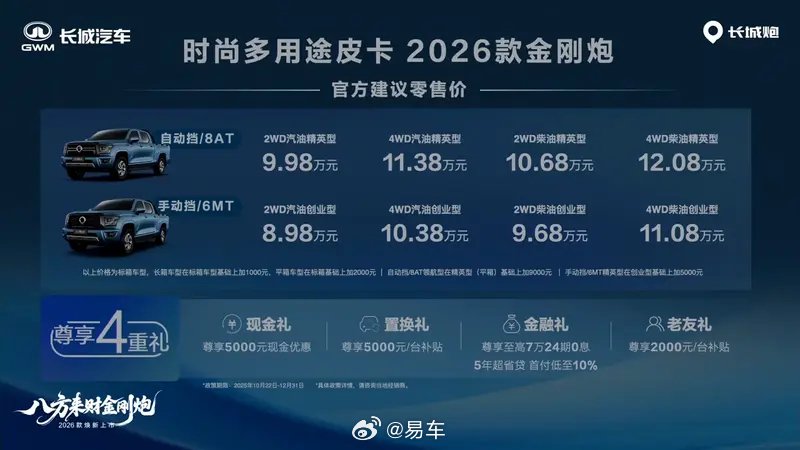 2026款金刚炮上市，8.98万元起标配电子手刹
