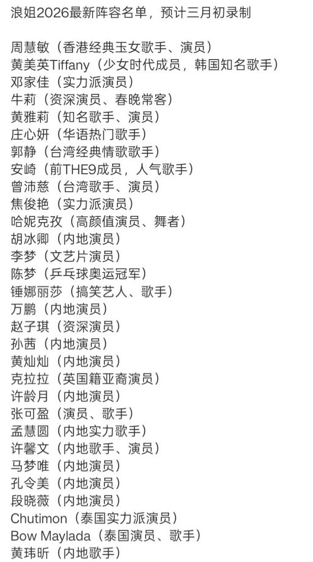 网传浪姐7参赛名单曝光，李若彤刘若英等35位女星在列