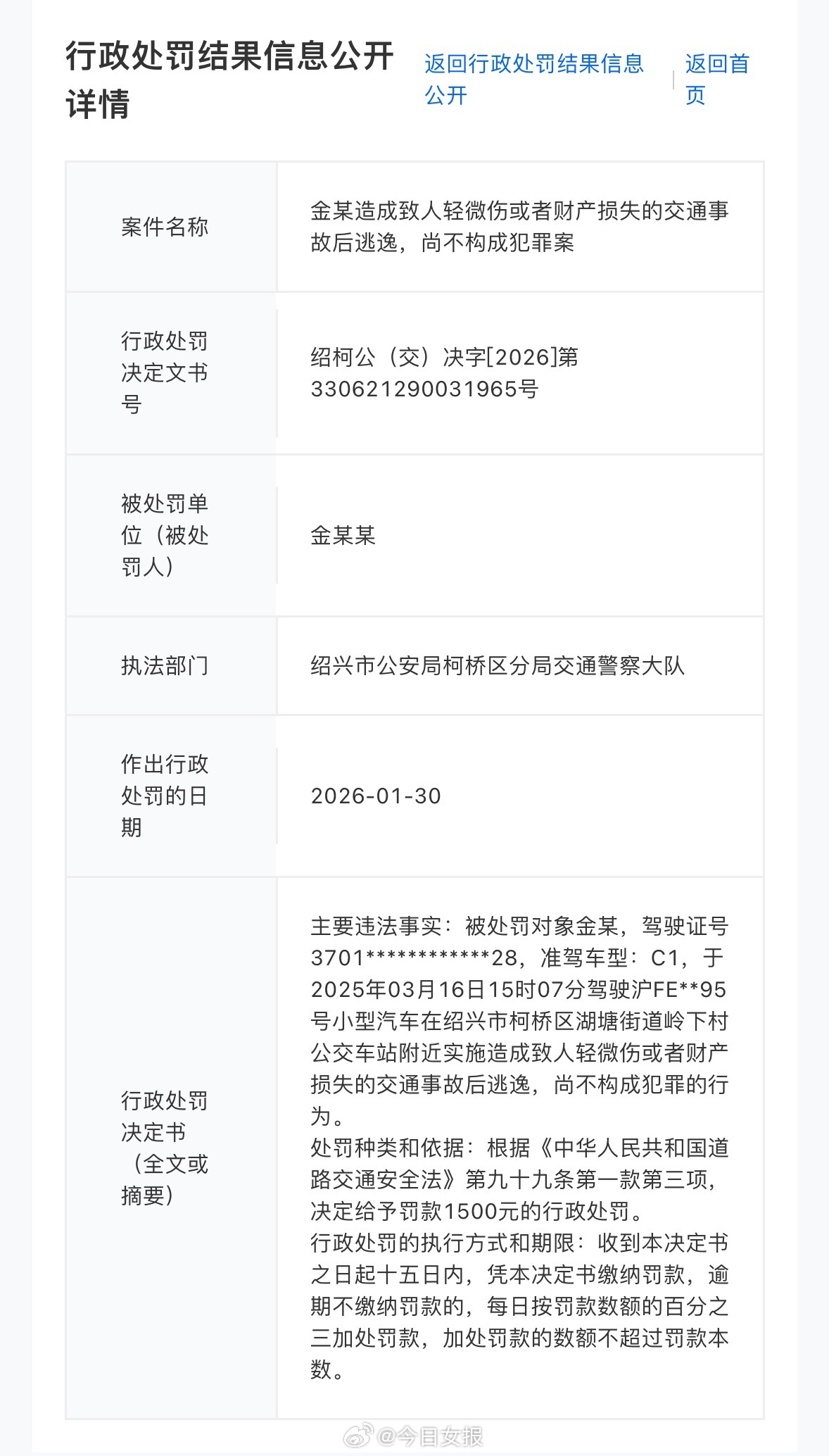 演员金晨交通肇事逃逸被罚1500元