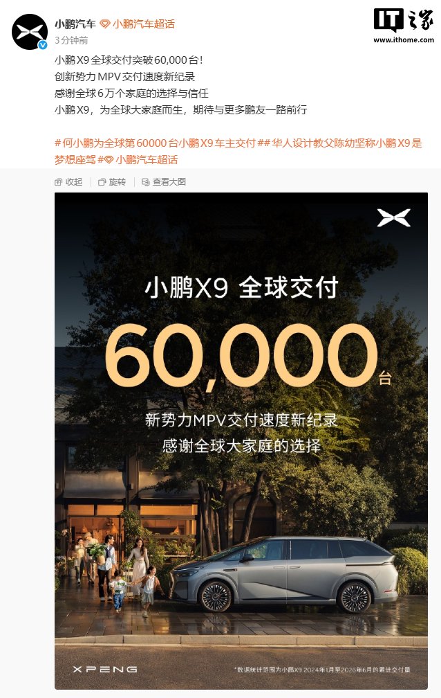 小鹏X9全球交付破6万台，创MPV交付速度新纪录
