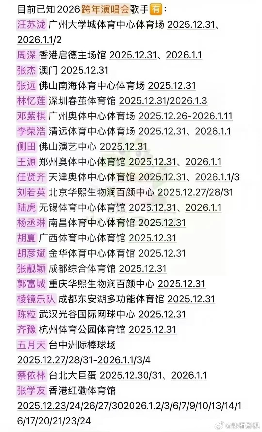 2026跨年演唱会阵容公布，汪苏泷周深张杰邓紫棋等加盟
