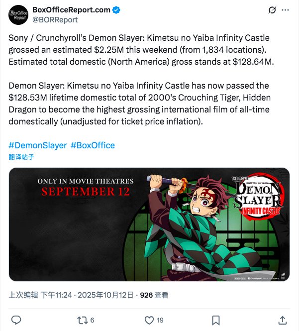 《鬼灭之刃》新剧场版全球票房破6.48亿，超《卧虎藏龙》创北美纪录