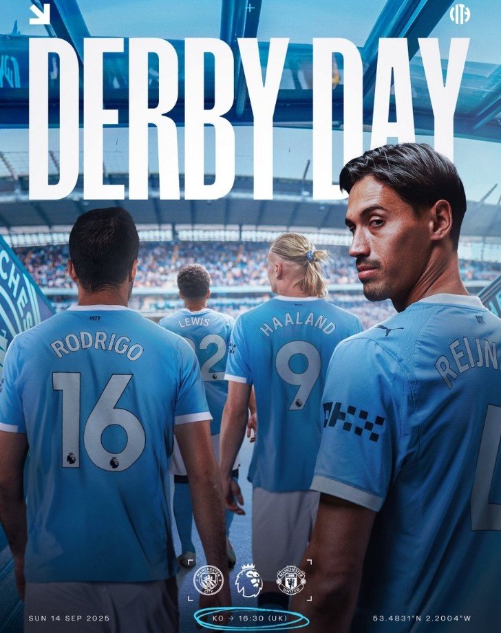 曼城官推发布德比海报，哈兰德罗德里领衔出战